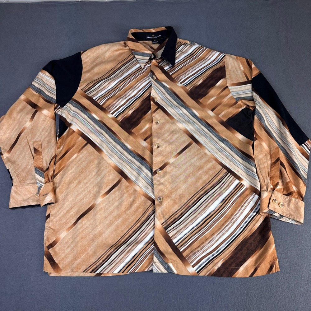 Stacy Adams Mens XL Long Sleeve Button Down Shirt Brown Tan Striped Geometric